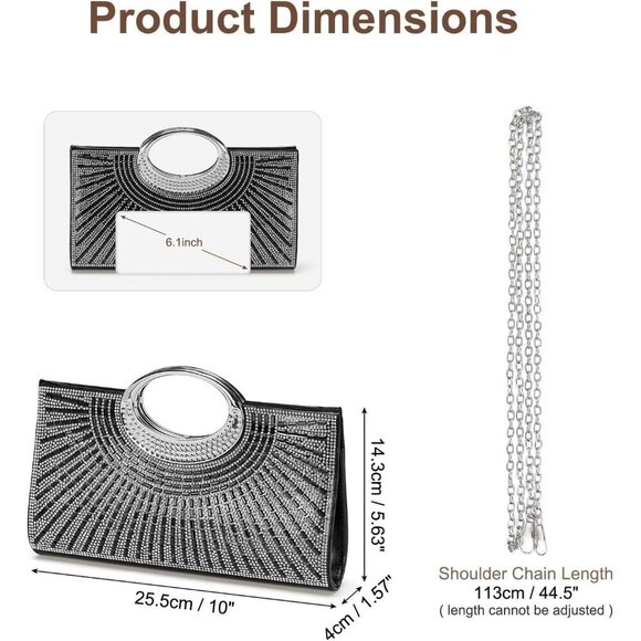 🆕Women Sparkly Black Polyester Rhinestone Clutch Evening Bag Shoulder Chain - Picture 2 of 7